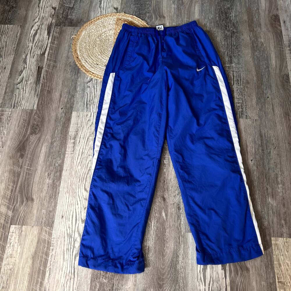 NIKE Blue White Stripe Track Pants Mens Medium Athletic Windbreaker Pants Swoosh